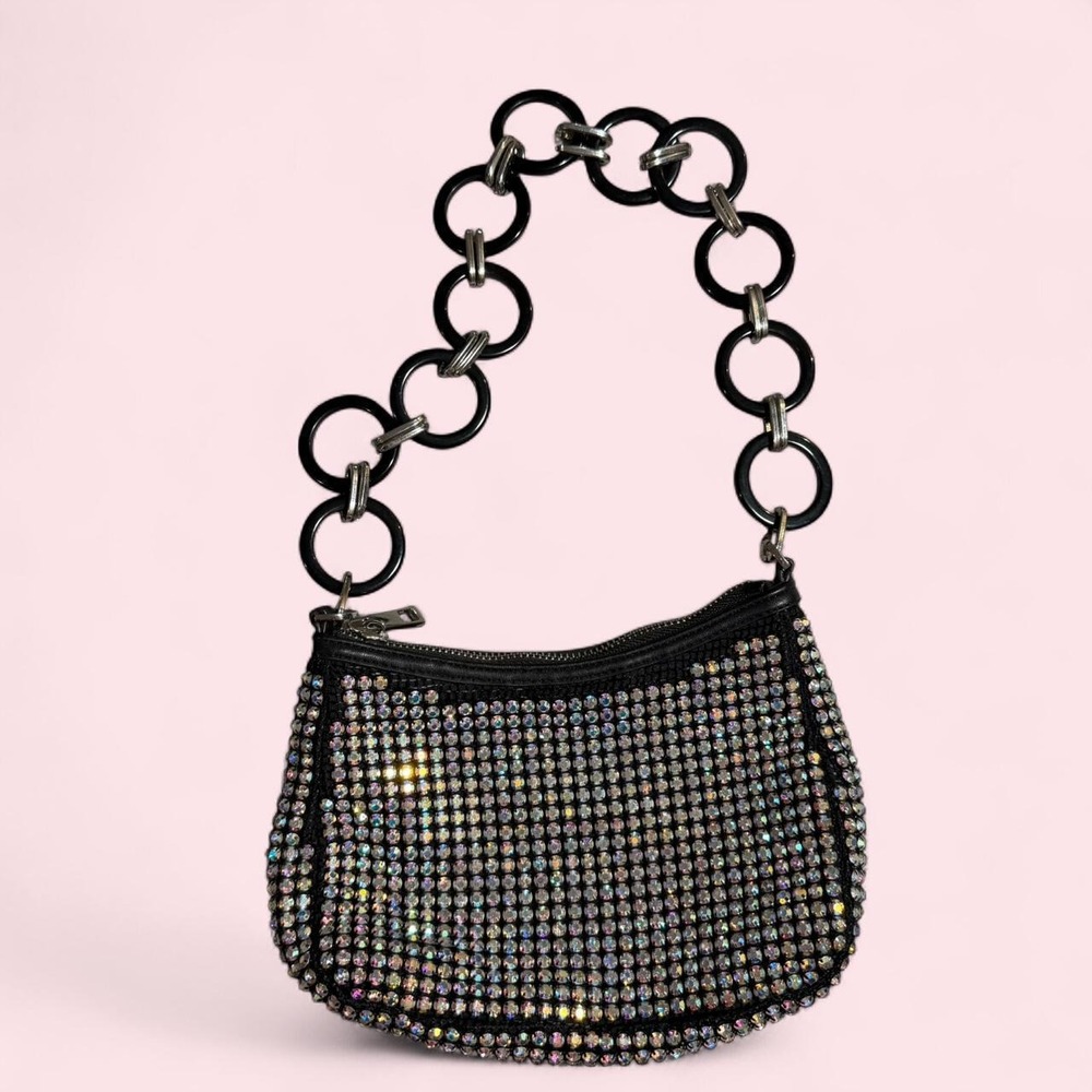 Topshop Y2K Black Silver Rhinestone Glam Shoulder Bag Ring Chain Mini Bag
